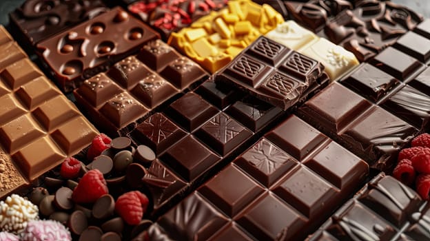 A wide array of chocolate bars in various flavors and types neatly displayed on a table.