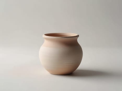 An empty clay pot standing on bright white studio background. Generative AI.