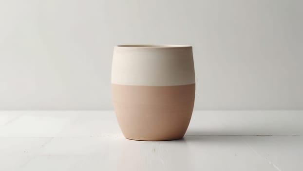 An empty clay pot standing on bright white studio background. Generative AI.