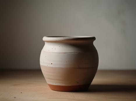 An empty clay pot standing on bright white studio background. Generative AI.