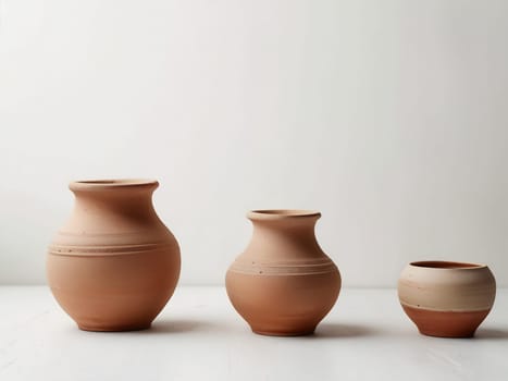 Group of empty clay pot standing on floor inside bright white studio background. Generative AI.