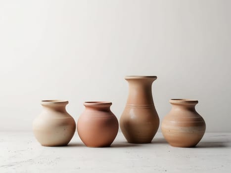 Group of empty clay pot standing on floor inside bright white studio background. Generative AI.