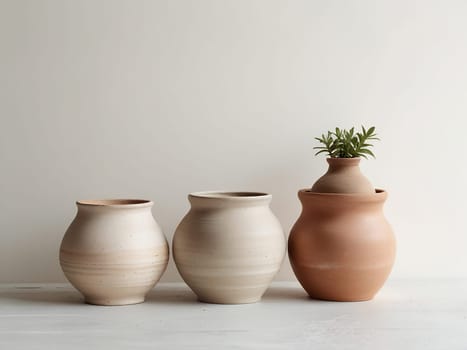 Group of empty clay pot standing on floor inside bright white studio background. Generative AI.