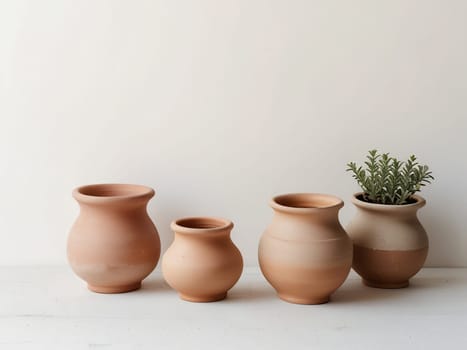 Group of empty clay pot standing on floor inside bright white studio background. Generative AI.