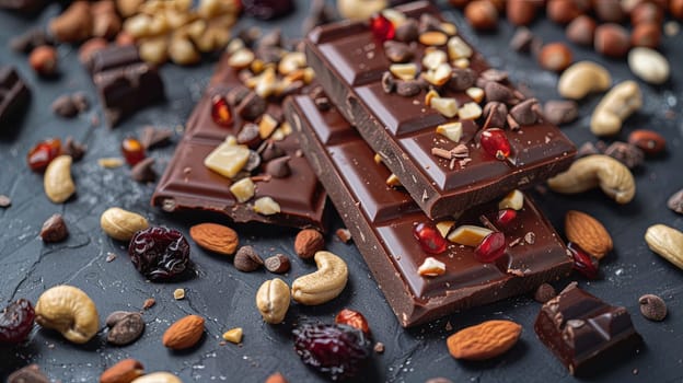 Detailed close up of a chocolate bar studded with nuts and cranberries, showcasing rich textures and natural ingredients.