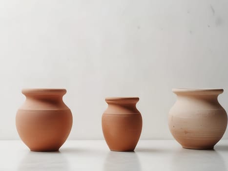 Group of empty clay pot standing on floor inside bright white studio background. Generative AI.