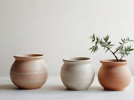 Group of empty clay pot standing on floor inside bright white studio background. Generative AI.