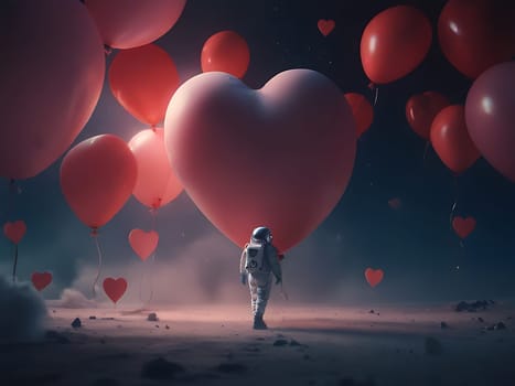 An astronaut landed on rocky planet and surrounded by red heart shaped balloons. Generative AI.