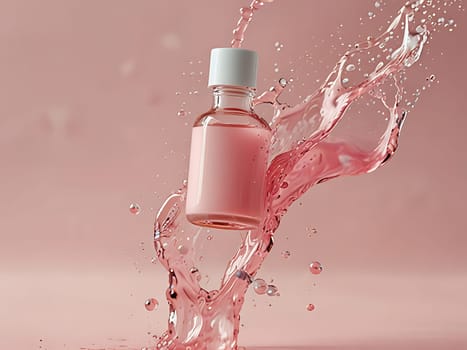 Cosmetic bottle made from transparent glass, splashes with water. Beauty product advertisement concept. Generative AI.