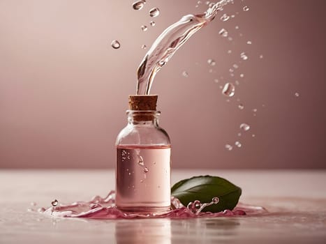 Cosmetic bottle made from transparent glass, splashes with water. Beauty product advertisement concept. Generative AI.