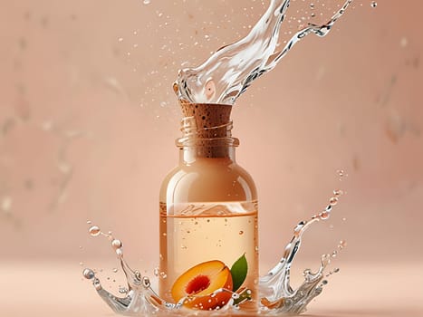 Cosmetic bottle made from transparent glass, splashes with water. Beauty product advertisement concept. Generative AI.