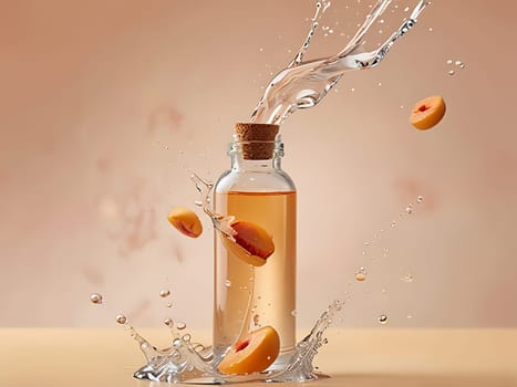 Cosmetic bottle made from transparent glass, splashes with water. Beauty product advertisement concept. Generative AI.