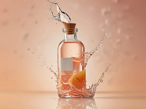 Cosmetic bottle made from transparent glass, splashes with water. Beauty product advertisement concept. Generative AI.