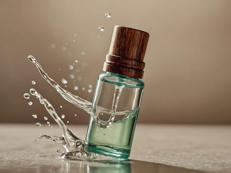 Cosmetic bottle made from transparent glass, splashes with water. Beauty product advertisement concept. Generative AI.