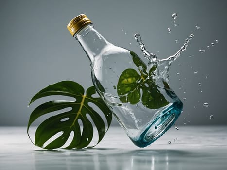 Cosmetic bottle made from transparent glass, splashes with water and leaves on mid air. Beauty product advertisement concept. Generative AI.