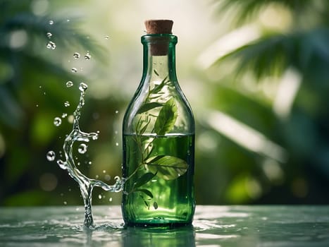 Cosmetic bottle made from transparent glass, splashes with water and leaves on mid air. Beauty product advertisement concept. Generative AI.