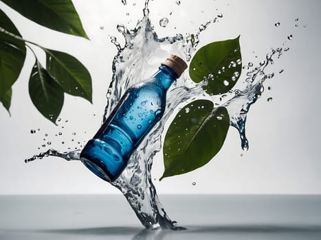 Cosmetic bottle made from transparent glass, splashes with water and leaves on mid air. Beauty product advertisement concept. Generative AI.