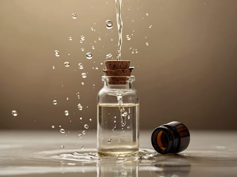 Cosmetic bottle made from transparent glass, splashes with water. Beauty product advertisement concept. Generative AI.