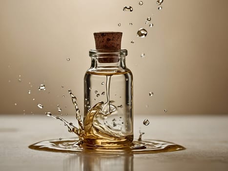 Cosmetic bottle made from transparent glass, splashes with water. Beauty product advertisement concept. Generative AI.