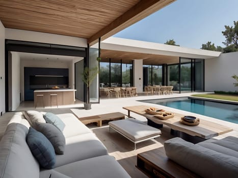 Minimalist modern house with outdoor living space and swimming pool. Contemporary urban living concept. Generative AI.