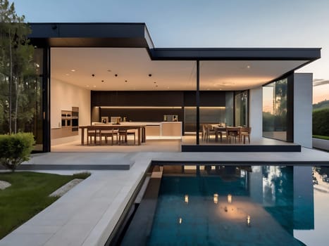 Minimalist modern house with outdoor living space and swimming pool. Contemporary urban living concept. Generative AI.