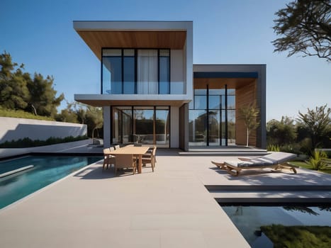 Minimalist modern house with outdoor living space and swimming pool. Contemporary urban living concept. Generative AI.