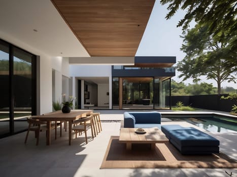 Minimalist modern house with outdoor living space and swimming pool. Contemporary urban living concept. Generative AI.