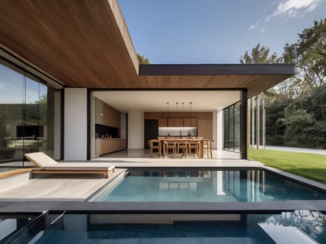 Minimalist modern house with outdoor living space and swimming pool. Contemporary urban living concept. Generative AI.