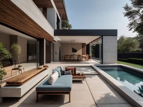 Minimalist modern house with outdoor living space and swimming pool. Contemporary urban living concept. Generative AI.