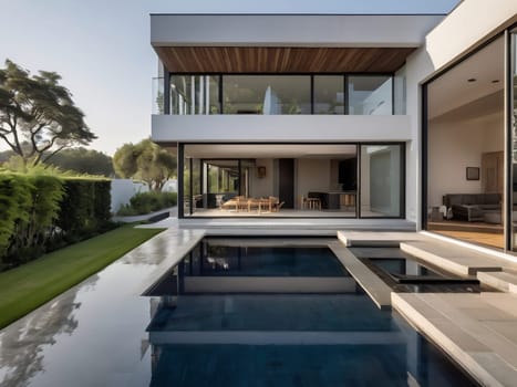 Minimalist modern house with outdoor living space and swimming pool. Contemporary urban living concept. Generative AI.