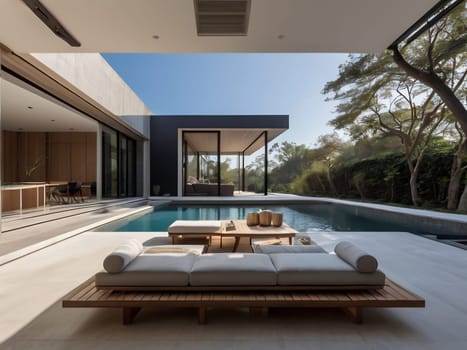 Minimalist modern house with outdoor living space and swimming pool. Contemporary urban living concept. Generative AI.