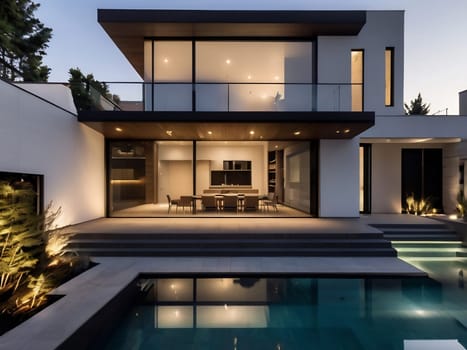 Minimalist modern house with outdoor living space and swimming pool. Contemporary urban living concept. Generative AI.