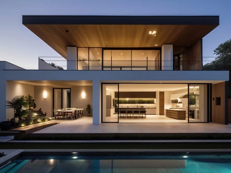 Minimalist modern house with outdoor living space and swimming pool. Contemporary urban living concept. Generative AI.