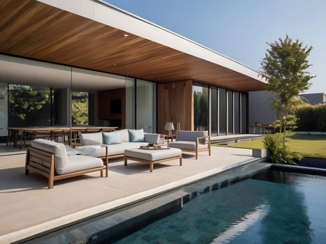 Minimalist modern house with outdoor living space and swimming pool. Contemporary urban living concept. Generative AI.