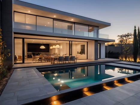 Minimalist modern house with outdoor living space and swimming pool. Contemporary urban living concept. Generative AI.