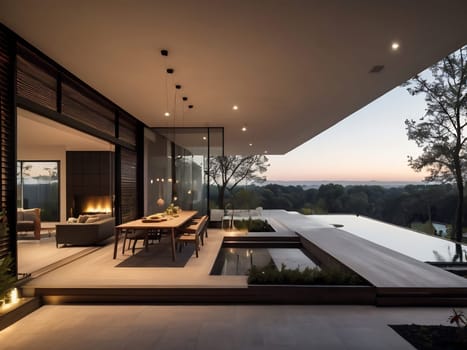 Minimalist modern house with outdoor living space and swimming pool. Contemporary urban living concept. Generative AI.