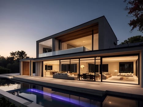 Minimalist modern house with outdoor living space and swimming pool. Contemporary urban living concept. Generative AI.