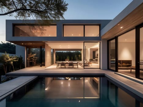 Minimalist modern house with outdoor living space and swimming pool. Contemporary urban living concept. Generative AI.