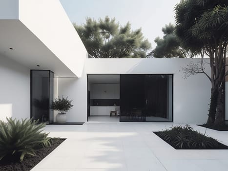 Minimalist modern house with outdoor living space and swimming pool. Contemporary urban living concept. Generative AI.