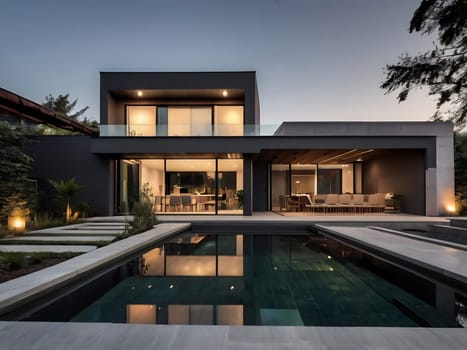 Minimalist modern house with outdoor living space and swimming pool. Contemporary urban living concept. Generative AI.