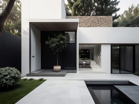 Minimalist modern house with outdoor living space and swimming pool. Contemporary urban living concept. Generative AI.