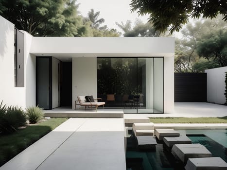 Minimalist modern house with outdoor living space and swimming pool. Contemporary urban living concept. Generative AI.