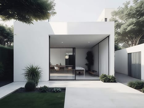 Minimalist modern house with outdoor living space and swimming pool. Contemporary urban living concept. Generative AI.