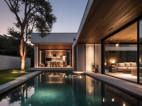 Minimalist modern house with outdoor living space and swimming pool. Contemporary urban living concept. Generative AI.