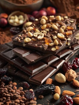 A detailed close-up of a chocolate bar filled with assorted nuts, offering a rich texture and natural appeal.