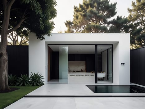 Minimalist modern house with outdoor living space and swimming pool. Contemporary urban living concept. Generative AI.