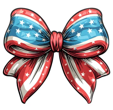 A red, white, and blue bow with stars on it, made of glass and resembling an electric blue insect wing, placed on a white background. Perfect for body jewelry or as a unique art piece
