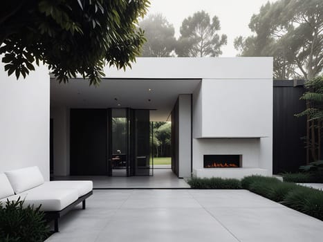 Minimalist modern house with outdoor living space and swimming pool. Contemporary urban living concept. Generative AI.