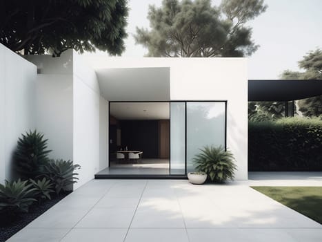 Minimalist modern house with outdoor living space and swimming pool. Contemporary urban living concept. Generative AI.