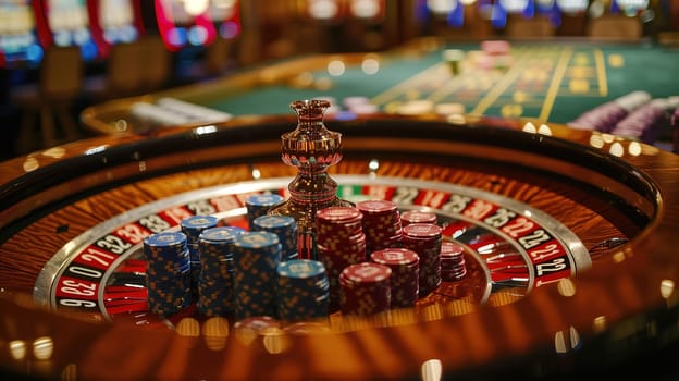 A casino roulette table covered in a variety of colorful chips, indicating intense gambling activity. The chips are stacked in front of the roulette wheel, ready for bets to be placed.